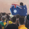 Crowds at Tumbalong Park, Darling Harbour in Sydney this morning.