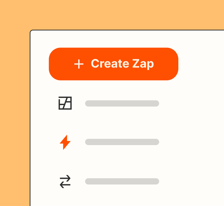 A simplified user interface design representing a portion of Zapier's platform. There's a vertical menu of platform options. At the top is a dominant orange button with text inside that reads 'Create Zap.' Beneath the button is a stack of menu icons to represent dashboard, Zaps, and Transfers.