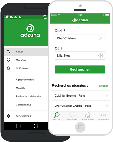 Screenshots of the Adzuna iOS and Android mobile apps