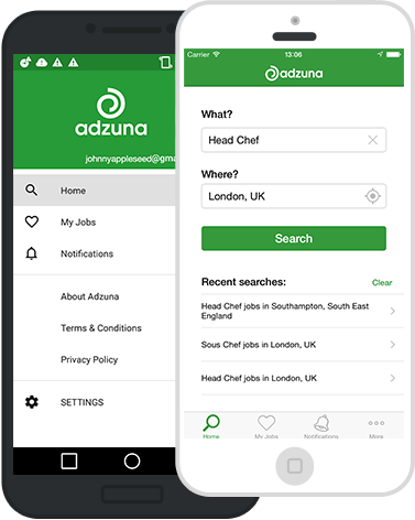 Screenshots of the Adzuna iOS and Android mobile apps