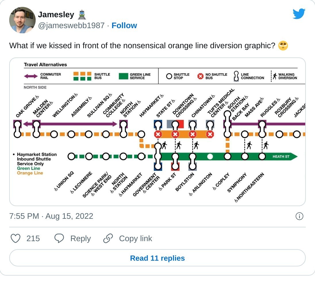 What if we kissed in front of the nonsensical orange line diversion graphic? 🥺 pic.twitter.com/QPCePRCz9C  — Jamesley 🚊 (@jameswebb1987) August 15, 2022