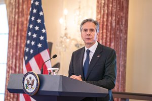 Secretary of State Antony J. Blinken hosts a holiday event in honor of Unaccompanied Tour Families at the U.S. Department of State in Washington, D.C., on December 8, 2022.