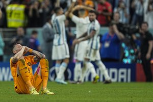 Luuk de Jong of the Netherlands reacts at the end of the World Cup quarterfinal soccer match