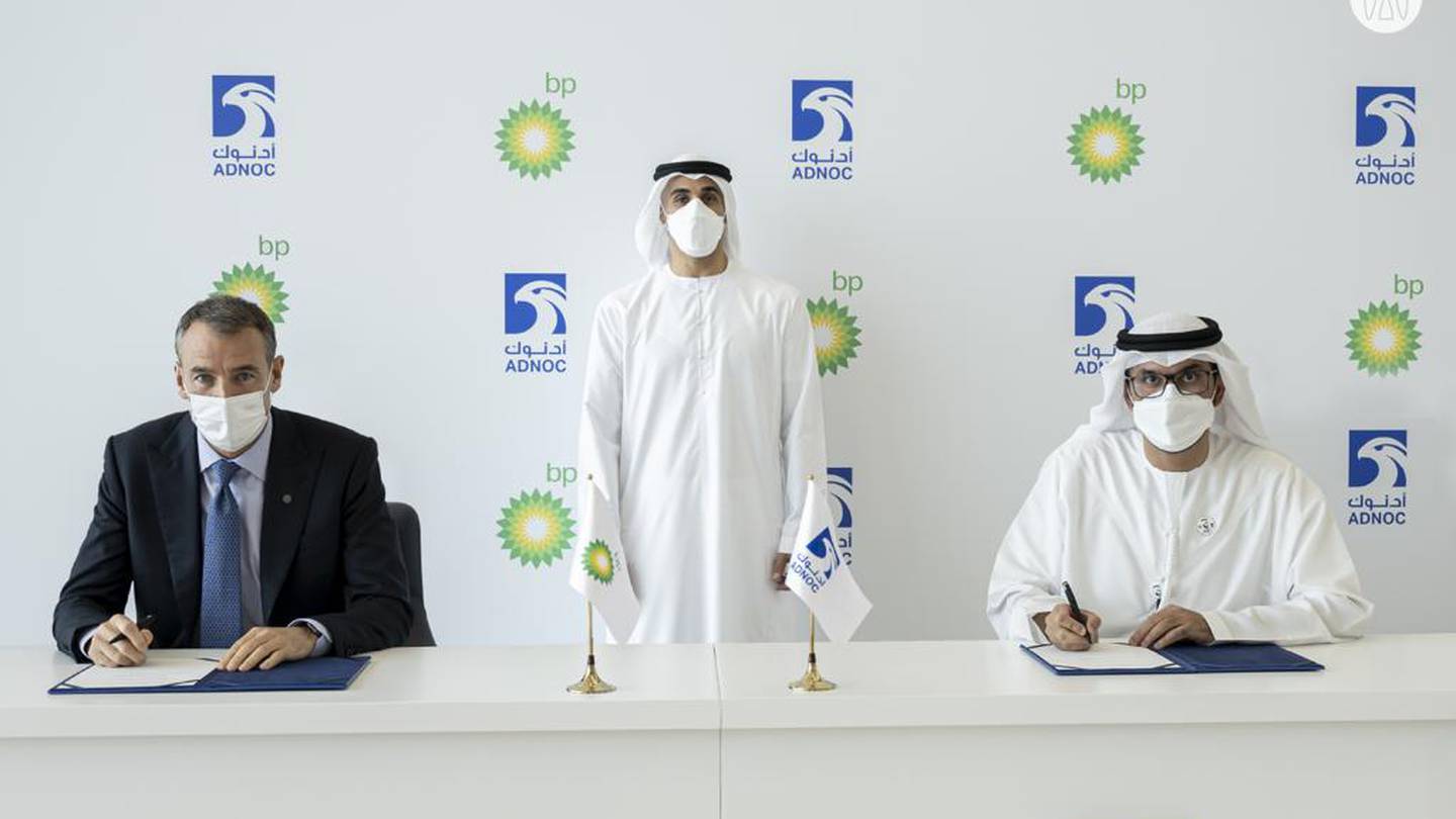 Sheikh Khaled bin Mohamed at the signing of strategic energy partnership between Adnoc, BP and Masdar. Photo: Adnoc