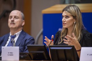 In this photo provided by the European Parliament, Greek politician and European Parliament Vice-President Eva Kaili, right, speaks during the European Book Prize award ceremony in Brussels, Dec. 7, 2022