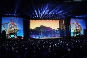 Bad Bunny performs in a concert at Azteca Stadium in Mexico City, Friday, Dec. 9, 2022.