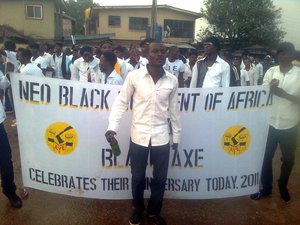 The Neo Black Movement often claim to be entirely unrelated to Black Axe in public statements, however not on their banners