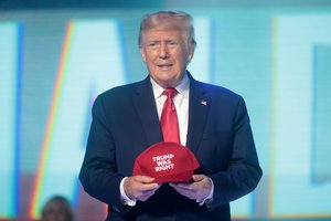 Donald Trump speaking with attendees at the 2022 Student Action Summit at the Tampa Convention Center in Tampa, Florida