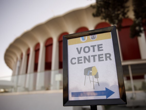 Signage outside an early voting polling location at The Forum arena for the 2020 Presidential election in Inglewood CA.