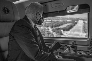 President Joe Biden travels over the National Mall on Marine One, Monday, August 29, 2022, en route to the White House