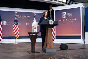 Image showing Vice President Kamala Harris delivers remarks to the National Congress of American Indians Annual Conference, Tuesday, October 12, 2021 in the South Court Auditorium of the Eisenhower Executive Office Building at the White House.