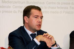 Dmitri Medvedev on state visit to Switzerland answers journalists' questions at the media center in Bern