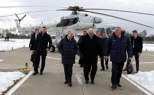 Vladimir Putin arriving at Vostochny Cosmodrome with Alexander Lukashenko and General Director of Roscosmos State Corporation Dmitry Rogozin