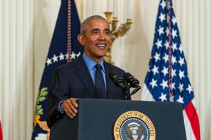 Former President Barack Obama delivers remarks on the Affordable Care Act at an event with President Joe Biden, Tuesday, April 5, 2022, in the East Room of the White House.