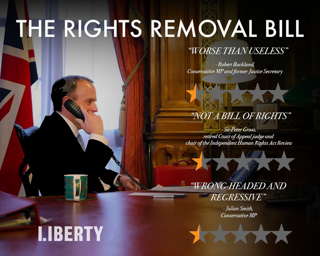 A mock up movie poster for the 'Rights Removal Bill'. It shows Raab at a desk on the phone, with reviews saying:

Worse than useless - Robert Buckland, Conservative MP and former Justice Secretary

Not a bill of rights - Sir Peter Gross, retired Court of Appeal Judge and Chair of the Independent human Rights Act Review

Wrong-headed and regressive - Julian Smith, Conservative MP