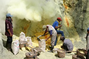 Sulfur mining operation at Kawah Ijen, Java, Indonesia