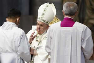 Pope Francis celebrates Holy Mass for the community of the faithful of Myanmar resident in Rome, at the Vatican, Sunday, May 16, 2021.