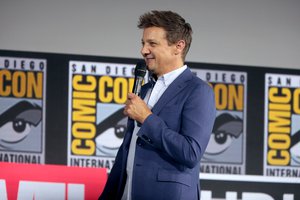 Jeremy Renner speaking at the 2019 San Diego Comic Con International, for "Hawkeye", at the San Diego Convention Center in San Diego, California, US, 20 July 2019