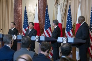 Japanese Defense Minister Yasukazu Hamada, Japanese Foreign Minister Hayashi Yoshimasa, Secretary of State Antony Blinken, and Secretary of Defense Lloyd Austin, speak during a news conference at the State Department, Wednesday, Jan. 11, 2023, in Washington.