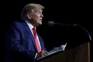 Former president Donald Trump speaks during the Leadership Forum at the National Rifle Association Annual Meeting at the George R. Brown Convention Center Friday, May 27, 2022, in Houston.