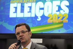 FILE - Brazilian Justice Minister Anderson Torres gives a press conference on the operation coined Operation Elections at the Command and Security Center of the Justice Ministry ahead of general elections in Brasilia, Brazil, Oct. 1, 2022.