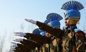 New recruits of the Central Reserve Police Force (CRPF) take part in a passing out parade in Humhama, on the outskirts of Srinagar  Friday 16, Jan 2015. A total of 260 recruits were formally inducted into the CRPF.