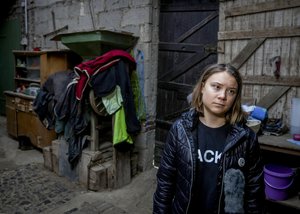 Swedish climate campaigner Greta Thunberg looks on during an interview with the Associated Press in Erkelenz, Germany, Saturday, Jan. 14, 2023.