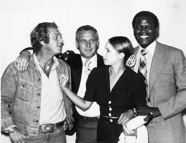 Steve McQueen (in the iconic Lee 101J jacket) Paul Newman, Barbra Streisand and Sidney Poitier at meeting of their own movie production company,  First Artists Production Company, 1972.