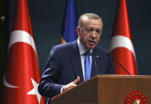 FILE - Turkish President Recep Tayyip Erdogan speaks to the media during a joint news conference with Sweden's new prime minister, Ulf Kristersson, in Ankara, Turkey, Nov. 8, 2022.