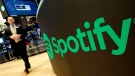 The Spotify logo on the floor of the New York Stock Exchange, on April 3, 2018. (Richard Drew / AP)