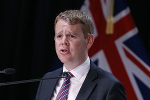 FILE - New Zealand's COVID-19 Response Minister Chris Hipkins speaks during a press conference in Wellington, New Zealand on Oct. 28, 2021.