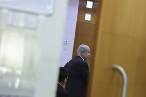 Israeli Prime Minister Benjamin Netanyahu is seen as he was testifying during a hearing at the Magistrate's Court in Rishon LeZion, Israel, Monday, Jan. 23, 2023.