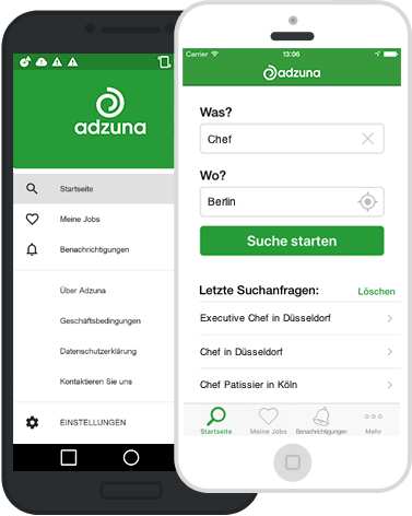 Screenshots of the Adzuna iOS and Android mobile apps