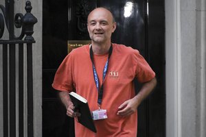 In this May 24, 2020 file photo, Britain's Prime Minister Boris Johnson's senior aid Dominic Cummings leaves 10 Downing Street, in London. The former top aide to British Prime Minister Boris Johnson ramped up his criticism of the government’s handling of the coronavirus on Wednesday, June 16, 2021 releasing private message exchanges in which Johnson appeared to brand his health minister “hopeless.” Dominic Cummings, who was Johnson’s most senior adviser until November, published a screenshot of WhatsApp exchanges, apparently with Johnson, discussing problems securing protective equipment and increasing coronavirus testing in March 2020.