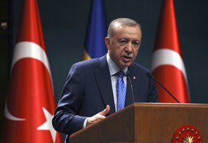 Turkish President Recep Tayyip Erdogan speaks to the media during a joint news conference with Sweden's new prime minister, Ulf Kristersson, in Ankara, Turkey, Tuesday, Nov. 8, 2022