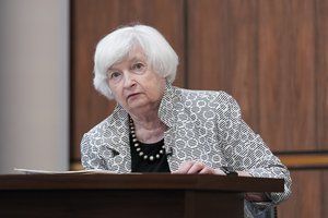 Treasury Secretary Janet Yellen listens during a meeting with President Joe Biden and CEOs in the South Court Auditorium on the White House complex in Washington, Thursday, July 28, 2022