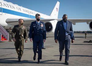 Secretary of Defense Lloyd Austin and USFJ Commander Lt. Gen. Kevin Schneider at Yokota Air Force Base