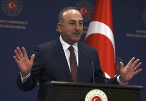 Turkish Foreign Minister Mevlut Cavusoglu speaks at a joint press conference with Ivica Dacic, Serbia's Foreign Minister, after their talks in Ankara, Turkey, Thursday, Jan. 26, 2023.