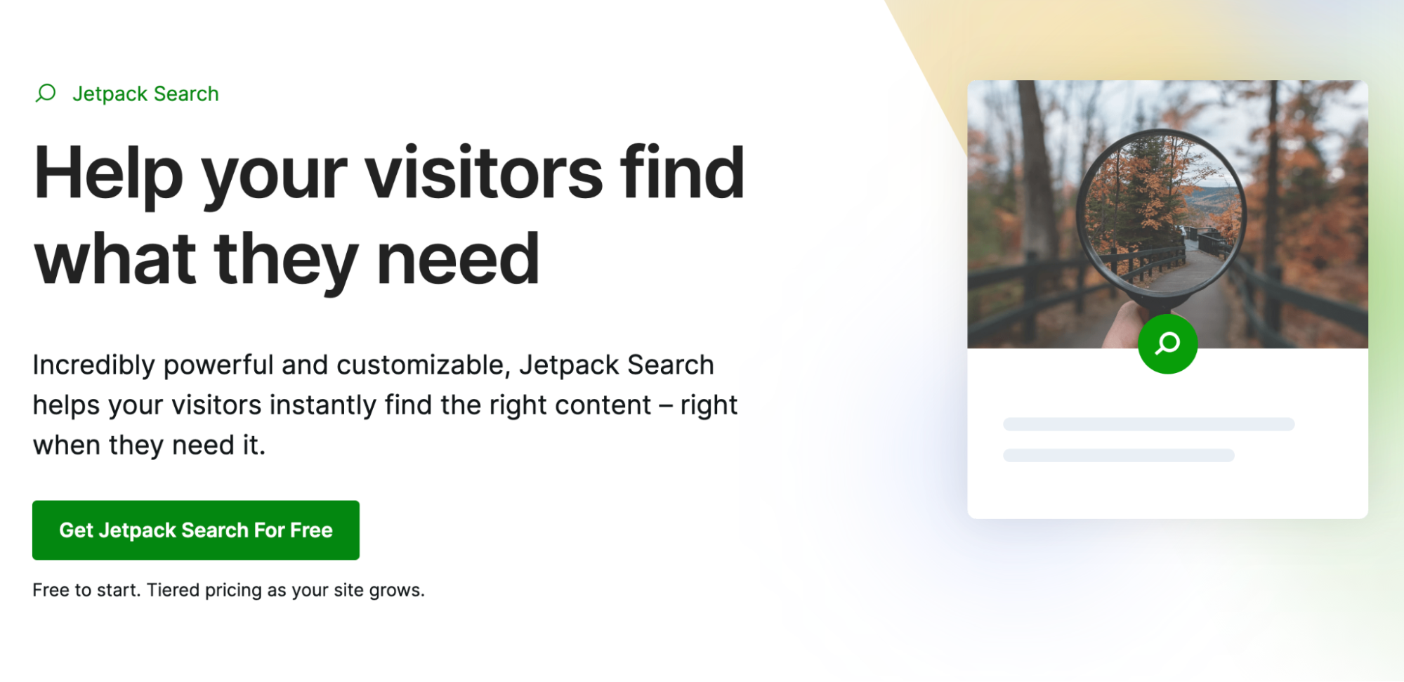 Jetpack Search homepage with the text, "Help your visitors find what they need."