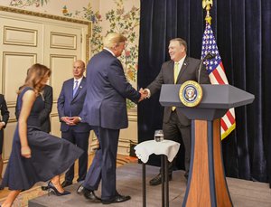 U.S. Secretary of State Michael R. Pompeo welcomes President Donald J. Trump to the Tri-Mission Brussels Meet-and-Greet in Brussels, Belgium on July 11, 2018