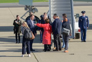 Biden was greeted by acting deputy center director, David Korsmeyer, Congresswoman Anna Eshoo, Senator Alex Padilla, and California Governor Gavin Newsom before boarding the Marine One helicopter to view consequences of flooding and other storm impacts along California’s central coast.