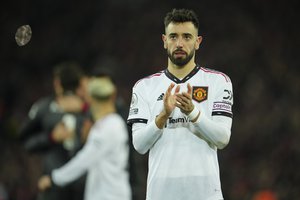 Manchester United's Bruno Fernandes reacts after the the English Premier League soccer match between Liverpool and Manchester United at Anfield in Liverpool, England, Sunday, March 5, 2023.