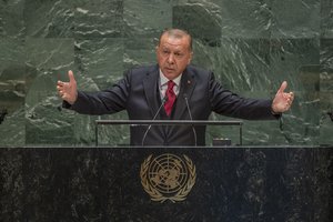 Recep Tayyip Erdogan, President of the Republic of Turkey, , with hands gesture, addresses the general debate of the General Assembly’s seventy-fourth session, 24 September 2019.