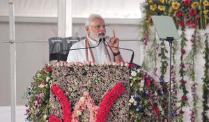 Prime Minister Narendra Modi during the stone-laying foundation of multiple development initiatives in presence of Jammu and Kashmir Lieutenant Governor Manoj Sinha and Union Minister for Rural Development and Panchayati Raj Giriraj Singh, in Samba, Jammu, India, 24 April 2022.