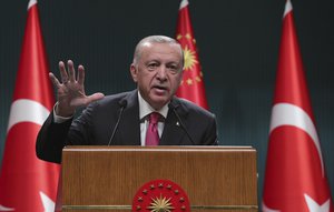 Turkish President Recep Tayyip Erdogan speaks after a cabinet meeting in Ankara, Turkey, Monday, May 23, 2022.