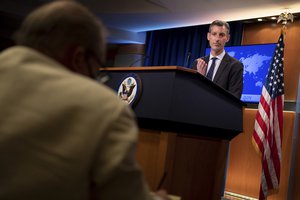 State Department spokesperson Ned Price speak speaks during a briefing at the State Department, Monday, August 2, 2021, in Washington.