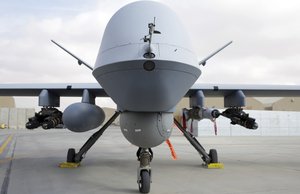 A U.S. MQ-9 drone is on display during an air show at Kandahar Airfield, Afghanistan, Tuesday, Jan. 23, 2018