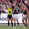 Referee Gerard Sutton sends Roosters centre Joey Manu to the sin-bin in round three.