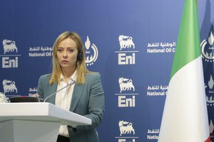 Italian Prime Minister Giorgia Meloni speaks during a conference in Tripoli, Libya, Saturday, Jan. 28, 20223.