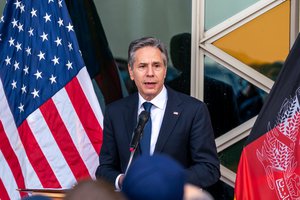 Secretary of State Antony Blinken participates in a meet and greet with U.S. Mission Afghanistan personnel in Kabul, Afghanistan on April 15, 2021.